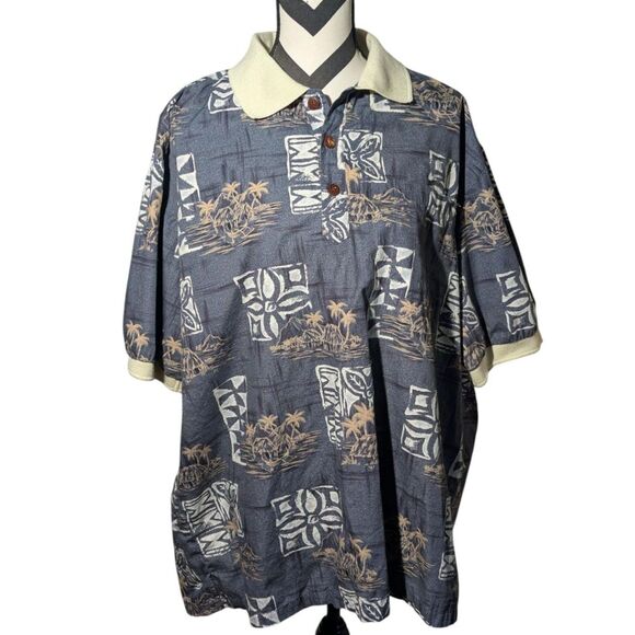 Aloha Hut Hawaii Mens Polo Shirt XXL 100% Cotton Palm Tree Tribal Print - Picture 1 of 5